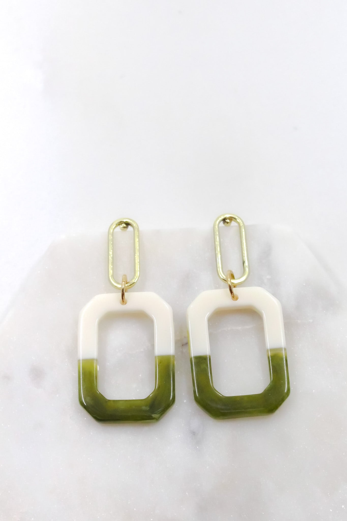 Two-Tone Double Rectangle Earrings in Green and Cream