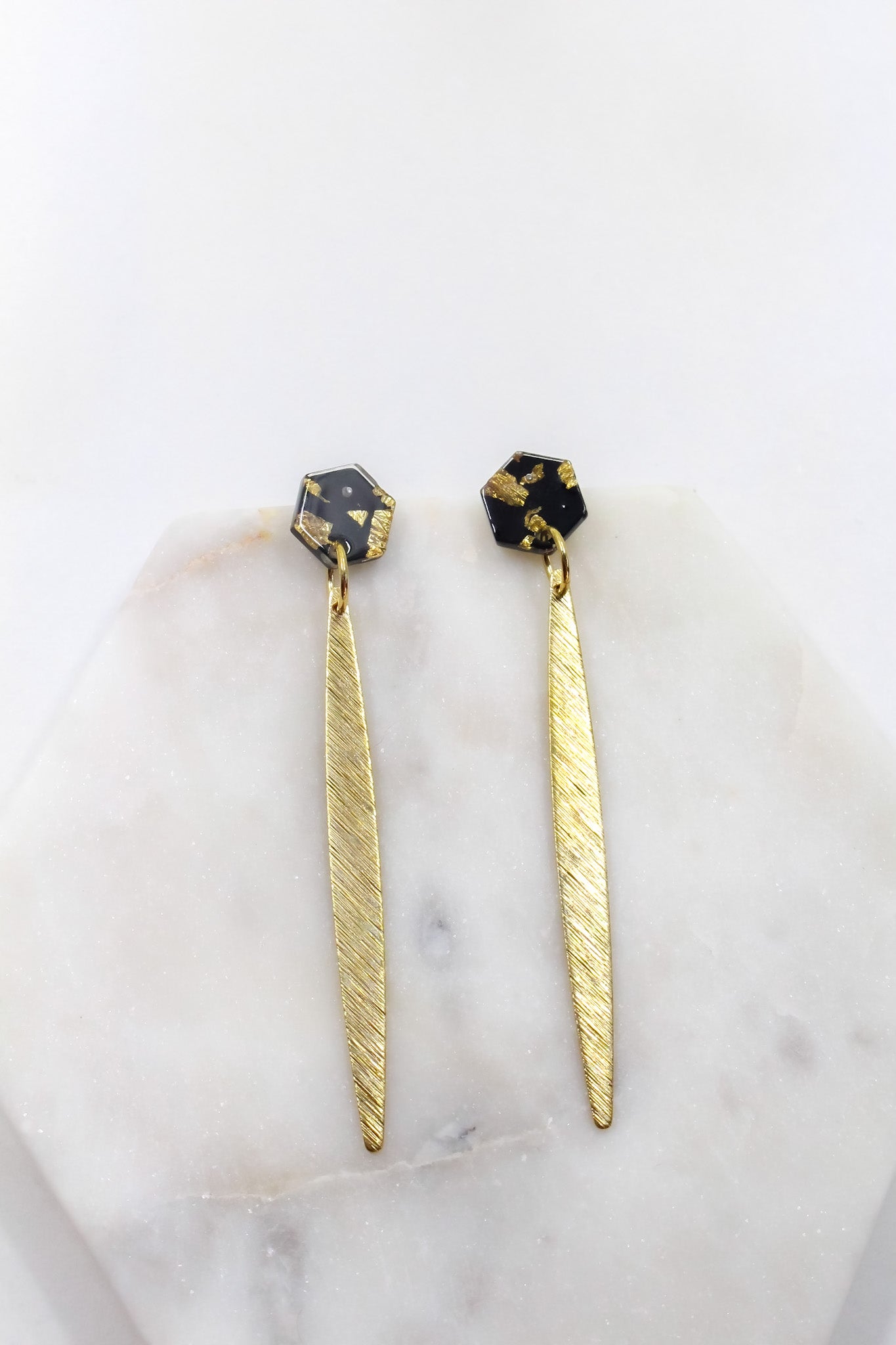 Black and Gold Confetti Hex Earrings