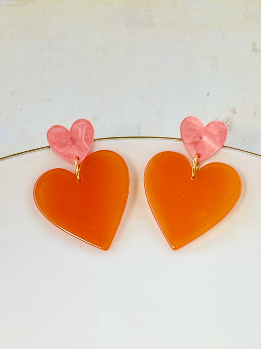 Two Tone Heart Studs with Pink and Orange