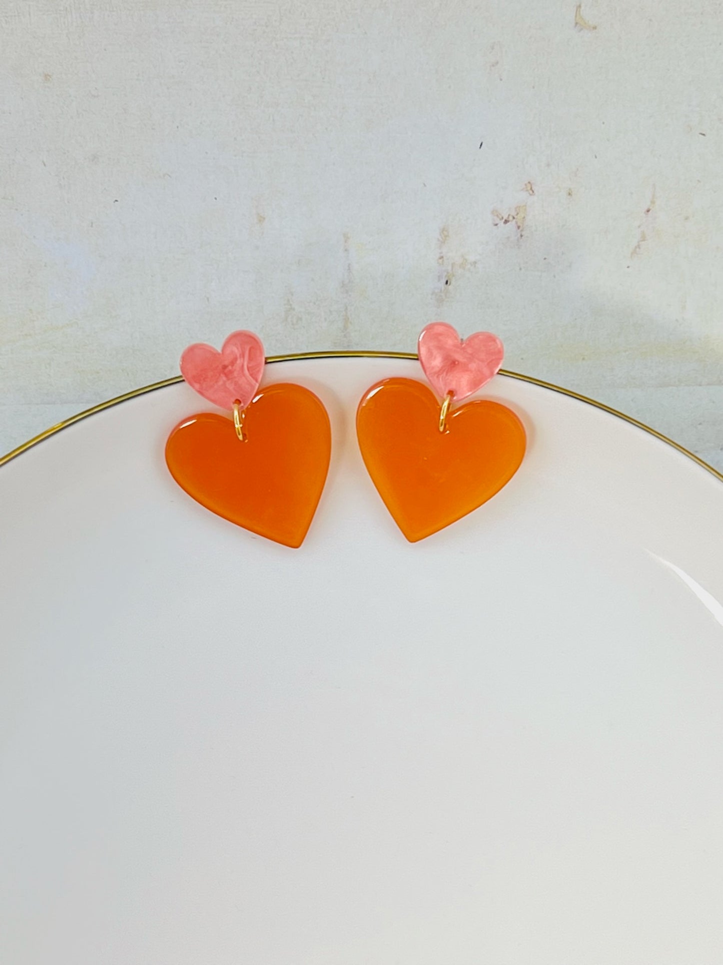 Two Tone Heart Studs with Pink and Orange